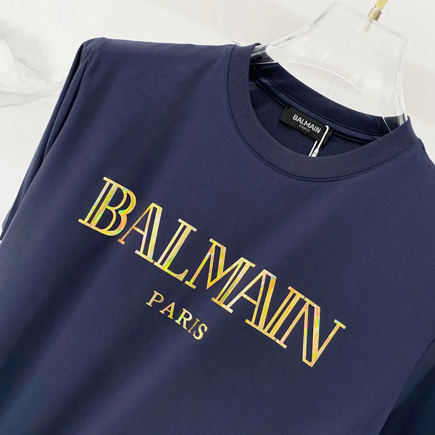 BALMAIN/Balmain - mercerized cotton gram T-shirt for men and women, bronzing brand letters on the front, colorful printed LOGO, pure quality, original fabric 100% cotton, Versatile fashion, light luxury trend, tag, collar label, wash, three labels complete Size: S-2XL Color: Black.White.Royal Blue.
